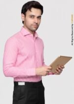 Y-BRAND Men’s Pink & White Vertical Striped Formal Dress Shirt FS-1075 - Image 3