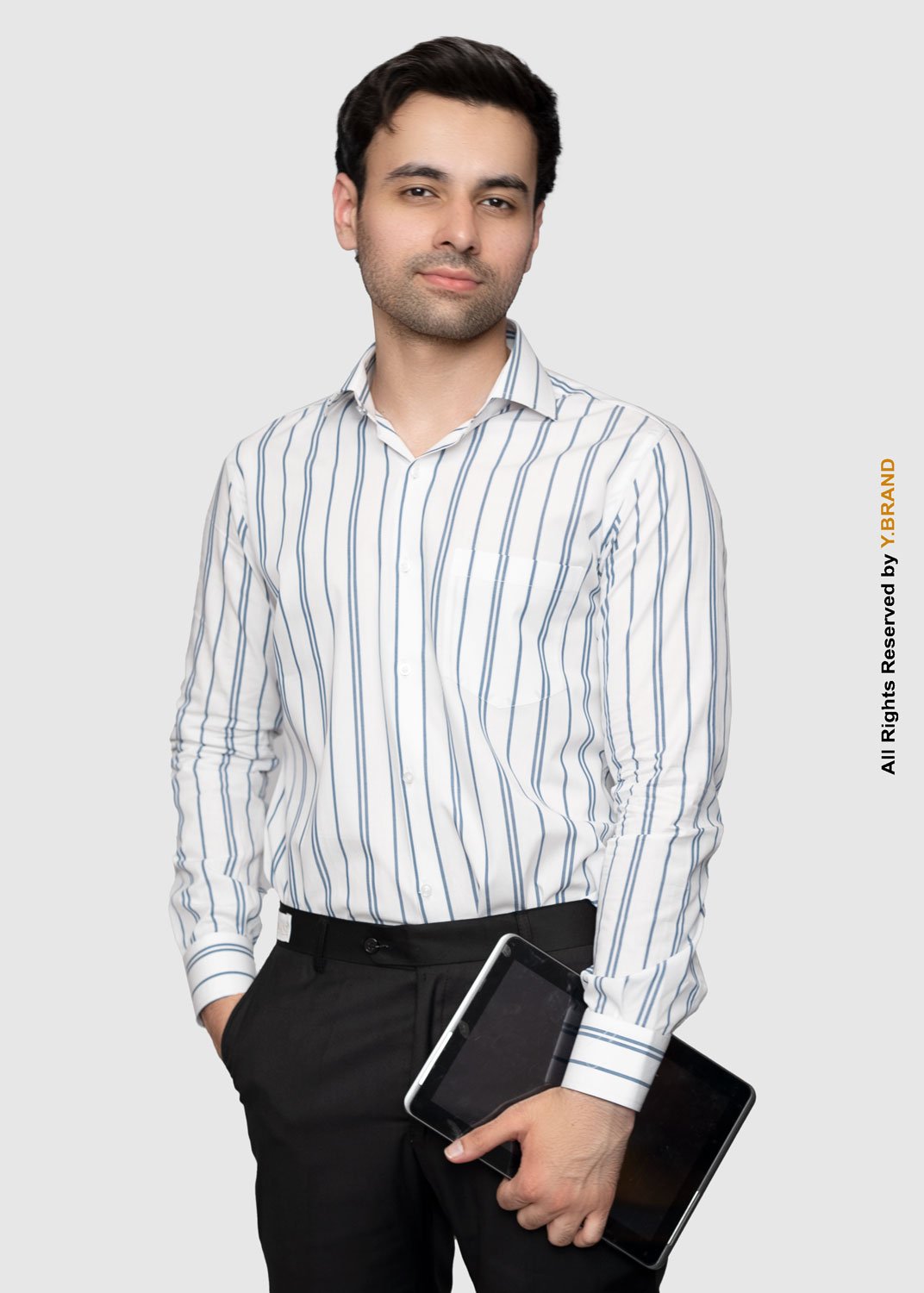 artical-023 Y-BRAND Men’s White & Slate Blue Vertical Striped Formal Dress Shirt FS-1080 - Image 1