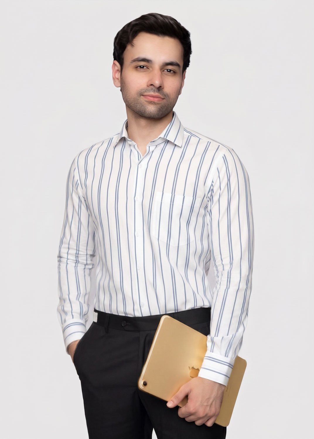 Y-BRAND Men’s White & Slate Blue Vertical Striped Formal Dress Shirt FS-1080