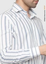 Y-BRAND Men’s White & Slate Blue Vertical Striped Formal Dress Shirt FS-1080 - Image 2