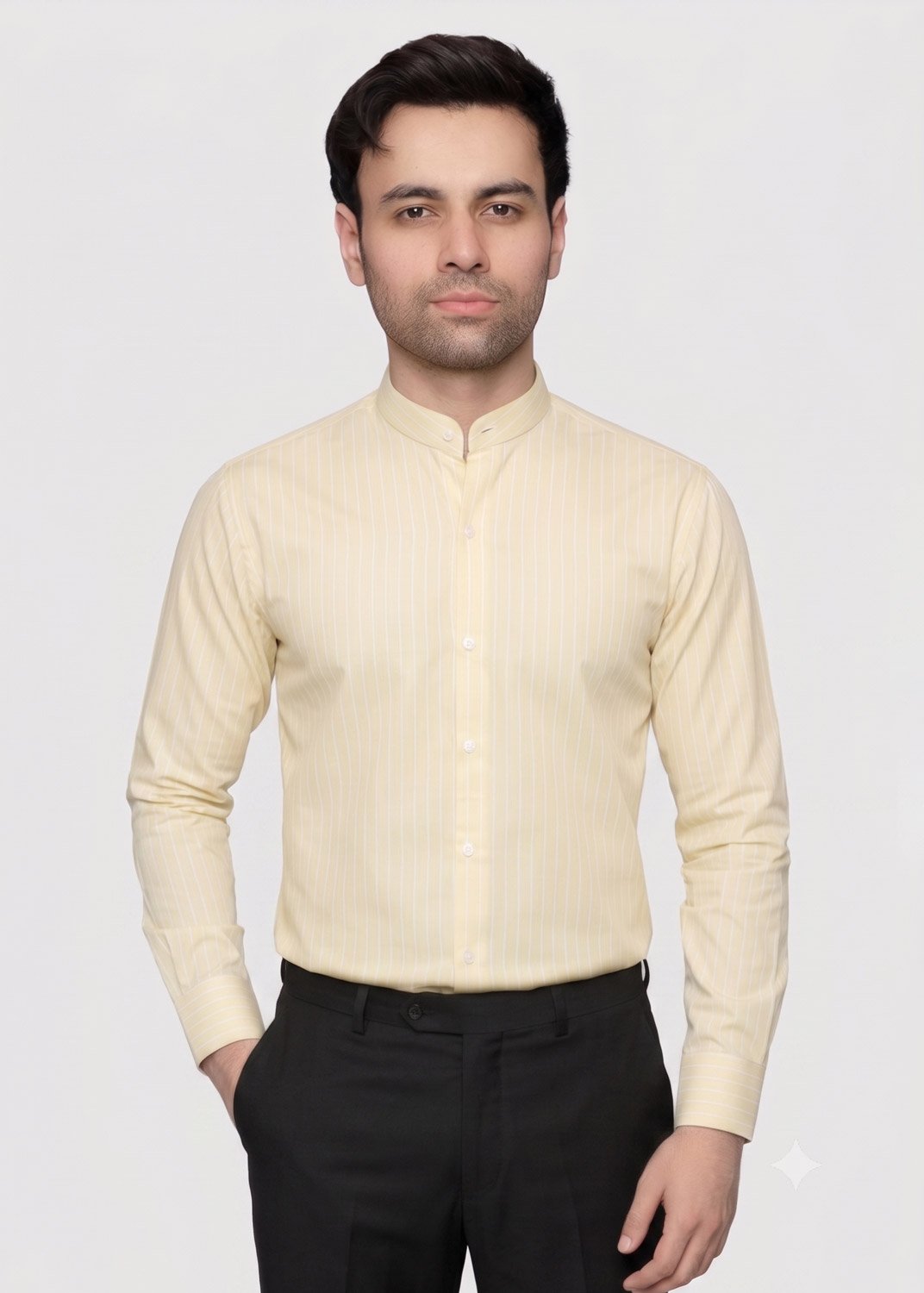 artical-024 Y-BRAND Men’s Soft Yellow Striped Mandarin Collar Shirt CS-1029 - Image 1