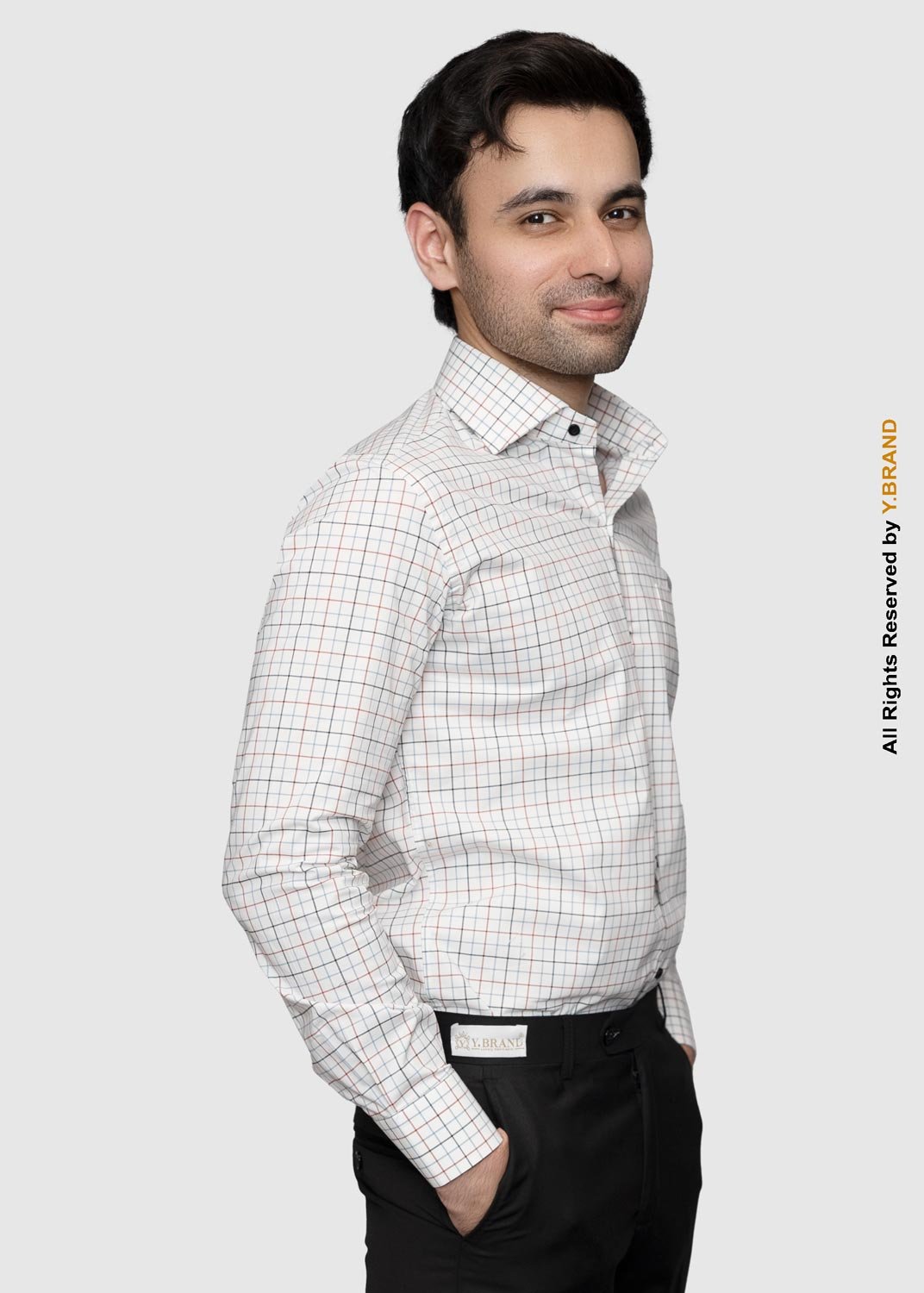 artical-025 Y-BRAND Men’s White Tattersall Windowpane Check Formal Dress Shirt FS-1076 - Image 1