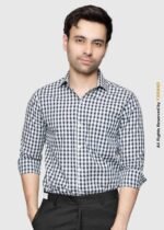 Y-BRAND Men’s Navy Blue & White Gingham Check Formal Dress Shirt FS-1077