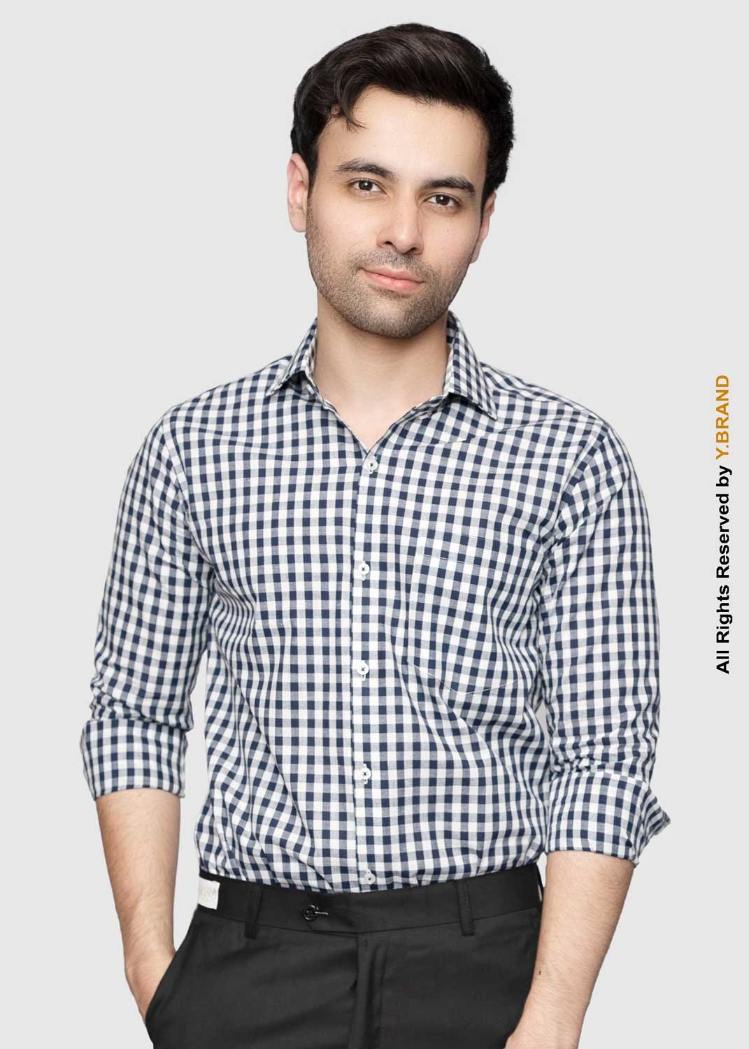 artical-026 Y-BRAND Men’s Navy Blue & White Gingham Check Formal Dress Shirt FS-1077 - Image 1