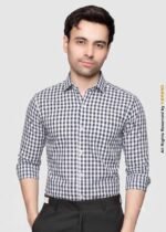 Y-BRAND Men’s Navy Blue & White Gingham Check Formal Dress Shirt FS-1077