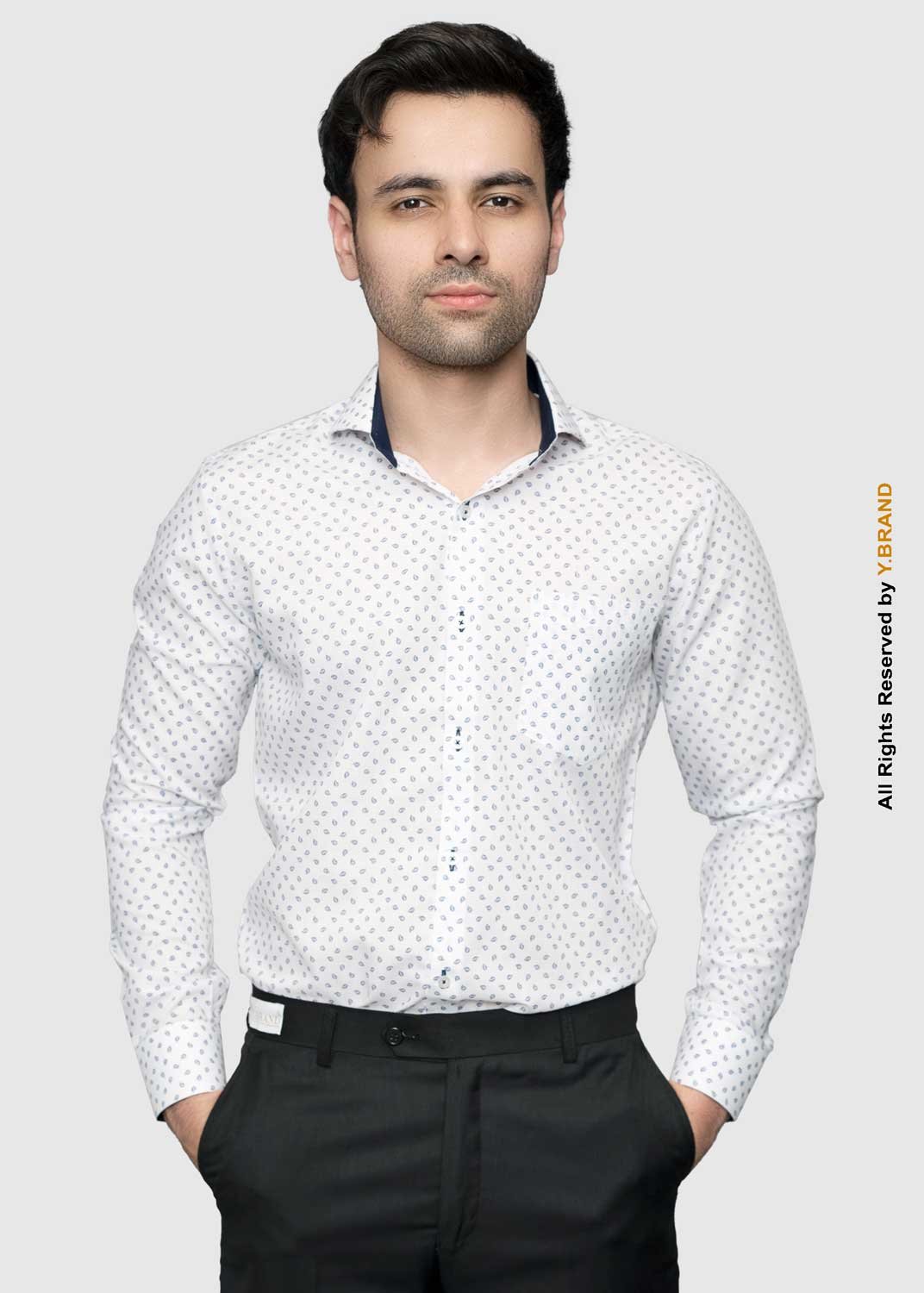 artical-028 Y-BRAND White & Navy Micro Paisley Print with contrast DS-1021 - Image 1
