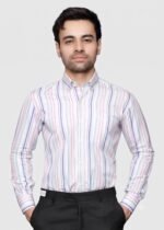 Y-BRAND Men’s Bussines Casual Pink & Blue Multi-Color Striped Shirt (CS-1022)